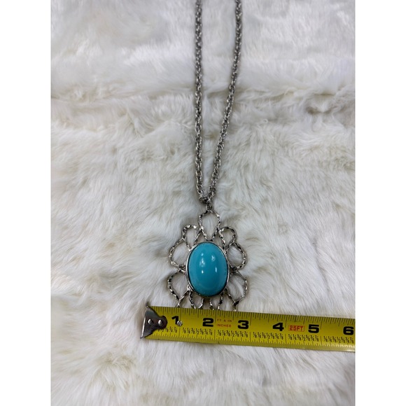 Silver vtg Tone Turquoise Oval Pendant Statement Necklace Women Fashion Jewelry - Picture 6 of 8